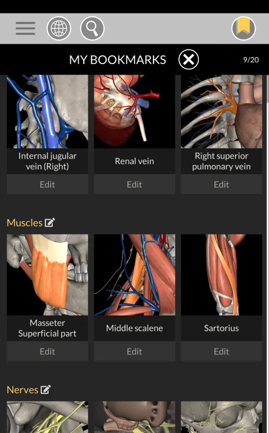 Búsqueda y favoritos en Anatomy 3D Atlas, pantalla 2 de 2
