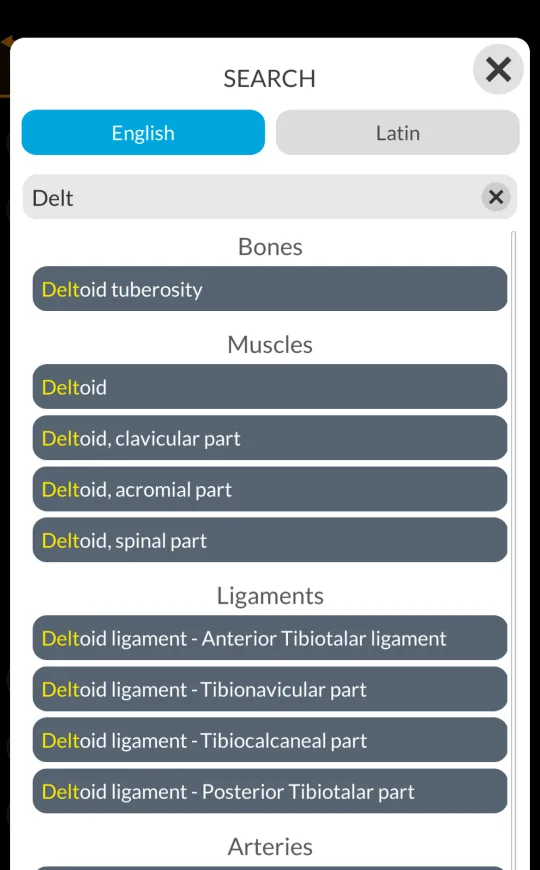 Búsqueda y favoritos en Anatomy 3D Atlas, pantalla 1 de 2